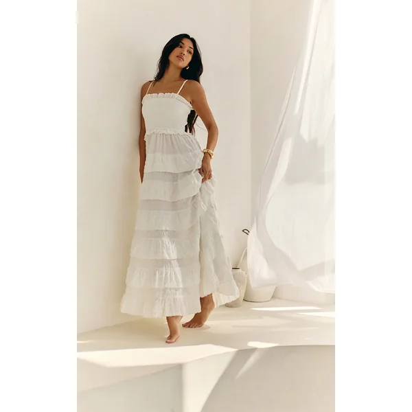 White Textured Shirred Tiered Maxi Dress