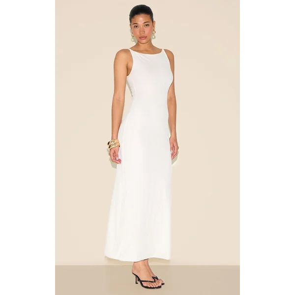 White Textured Twist Shoulders Maxi Dress