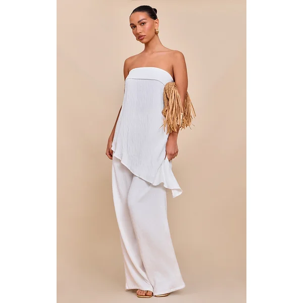 White Textured Wide Leg Pants