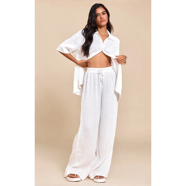 White Textured Woven Drawstring Wide Leg Pants
