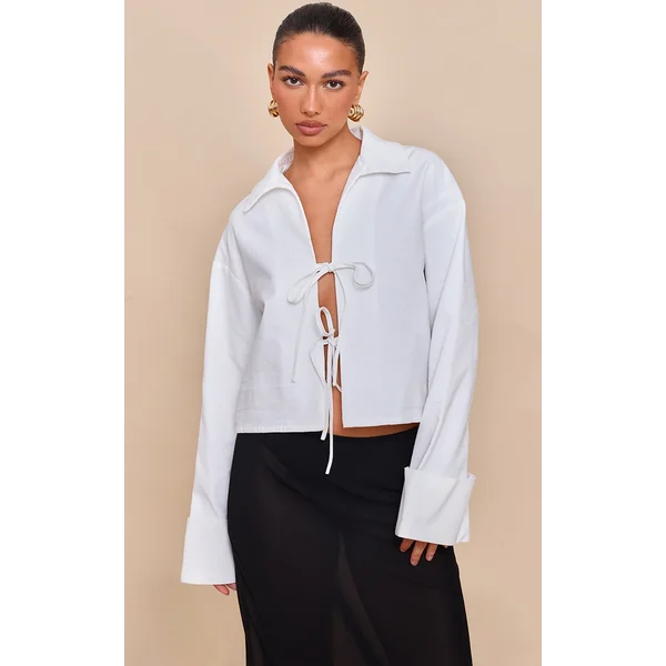 White Tie Front Linen Look Collar Blazer