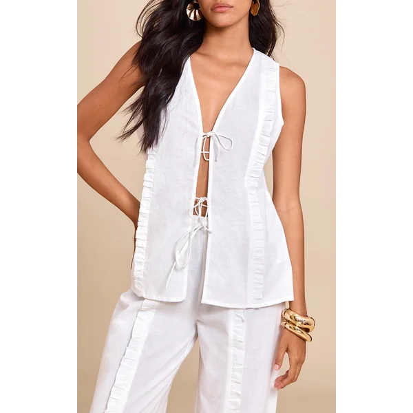 White Tie Front Linen Look Sleeveless Top