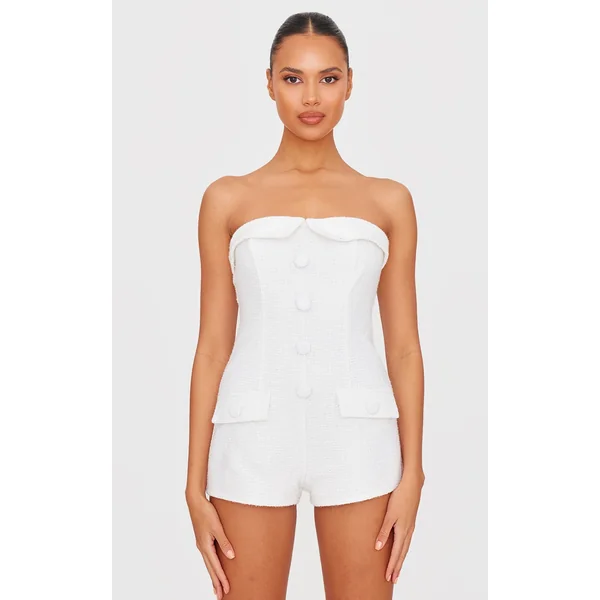White Tweed Bandeau Button Detail Romper