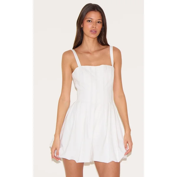 White Twill Pleated Puffball Romper