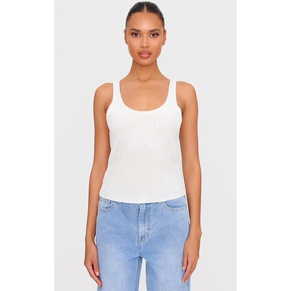 White Velvet Sequin Scoop Neck Vest