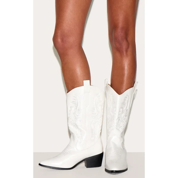 White Wide Fit Point Toe Stitching Heeled Ankle Cowboy Boots