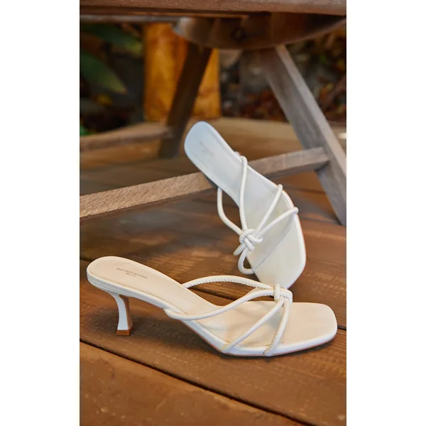 White Wide Fit Pu Square Toe Knotted Heeled Mules