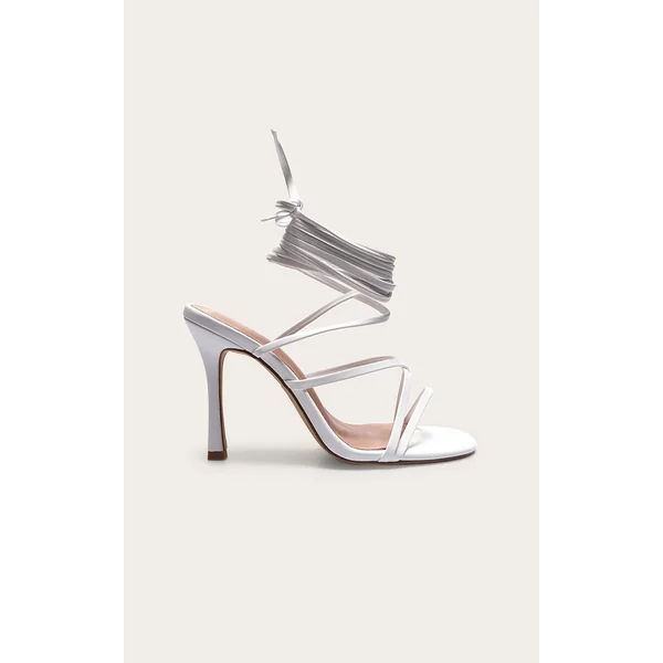 White Wide Fit PU Square Toe Strappy Lace Up Heeled Sandals