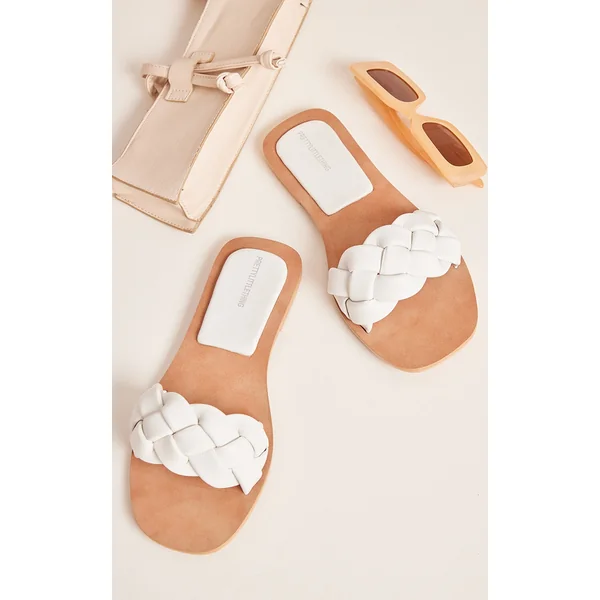 White Wide Fit Real Leather Extreme Padded Plaited Strap Flat Sandals