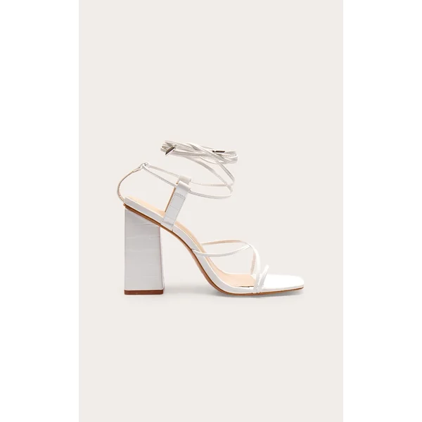 White Wide Fit Toe Loop Ankle Tie Chunky Block Heel Sandals