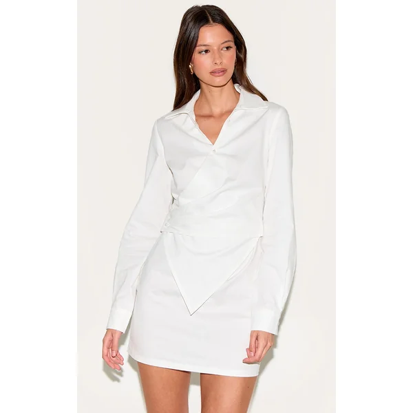White Woven Asymmetric Pearl Detail Shirt Dress