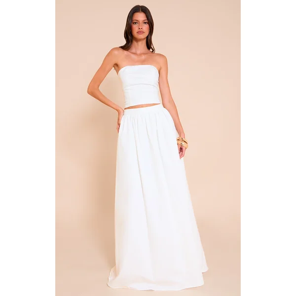 White Woven Band Detail Pleated Maxi Skirt