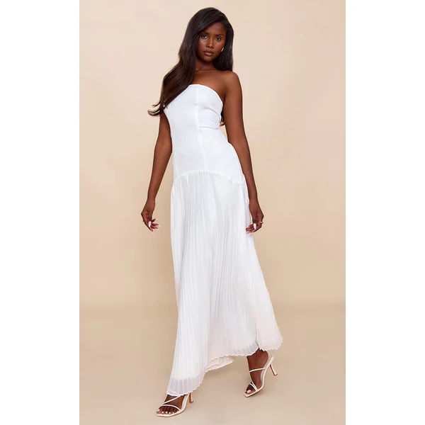 White Woven Bandeau Pleated Hem Detail Maxi Dress