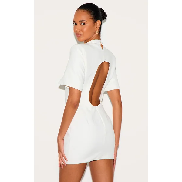 White Woven Cinched Backless Mini Dress