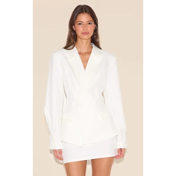 White Woven Cinched Waist Fitted Blazer