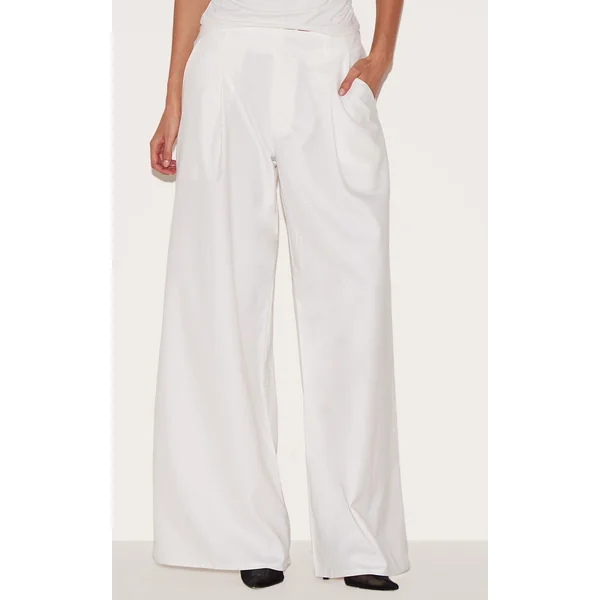 White Woven Double Pleat Wide Leg Pants