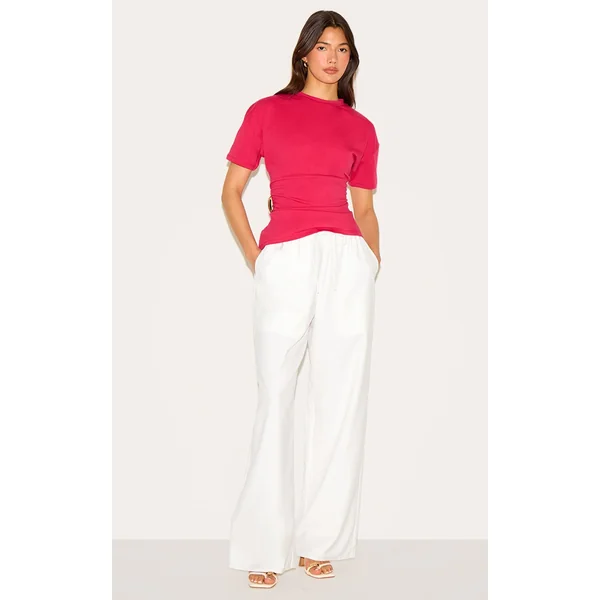 White Woven Drawstring Low Rise Relaxed Pants