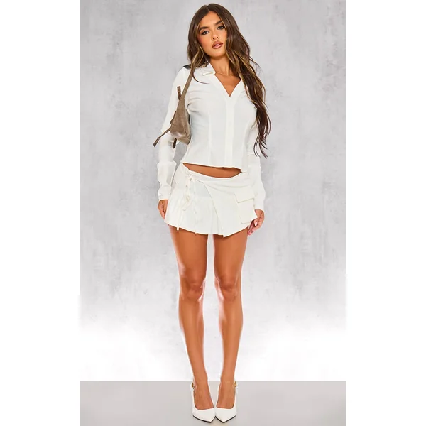 White Woven Frill Detail Cargo Skort