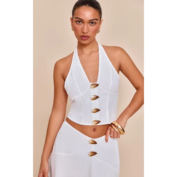 White Woven Halterneck Button Detail Top