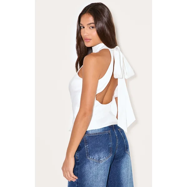 White Woven High Neck Tie Detail Top