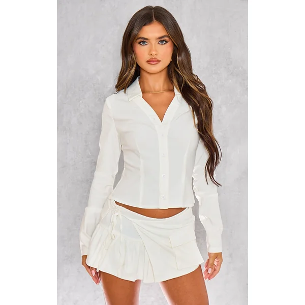 White Woven Long Sleeve Cargo Shirt