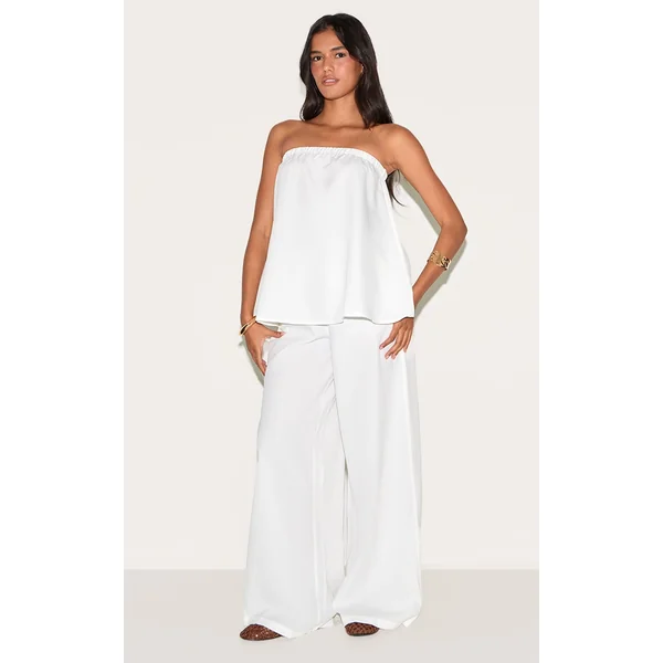 White Woven Mid Rise Wide Leg Pants