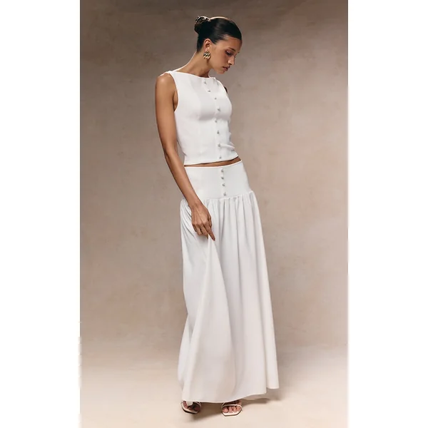 White Woven Pleated Midaxi Skirt