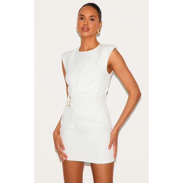White Woven Ruched Trim Detail Mini Dress