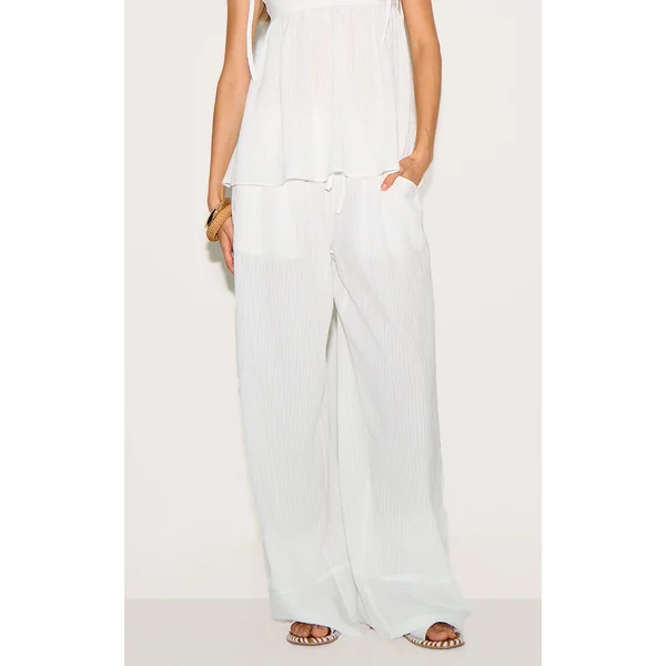 White Woven Textured Straight Leg Pants