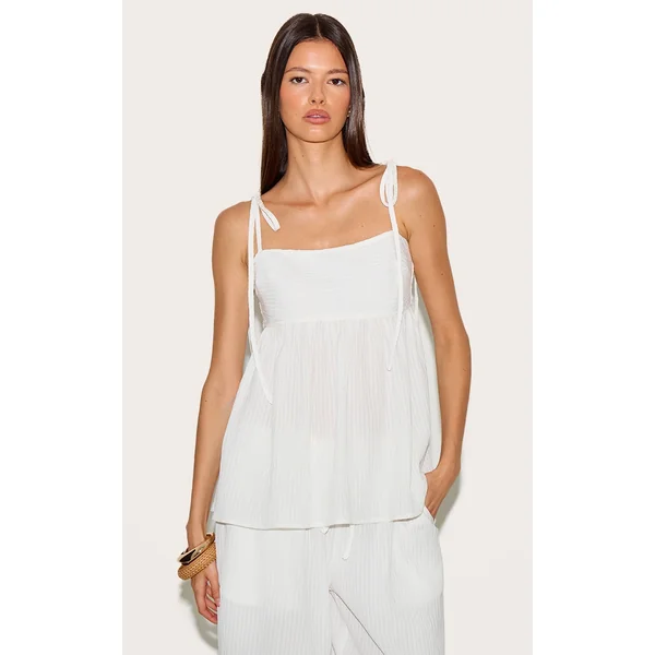 White Woven Textured Striped Floaty Top