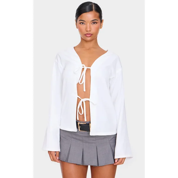 White Woven Tie Front Flared Sleeve Shirt