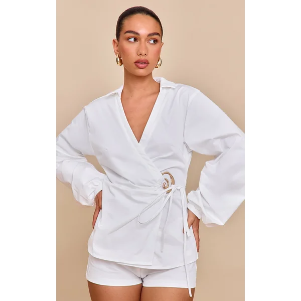White Woven Tie Front Gold Hardware Detail Shirt
