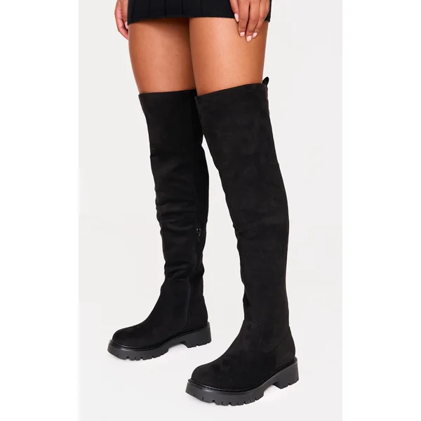 Wide Fit Black Faux Suede Round Toe Chunky Over The Knee Boots