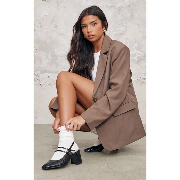 Wide Fit Black Patent PU Round Toe Gold Buckle Block Heel Mary Janes