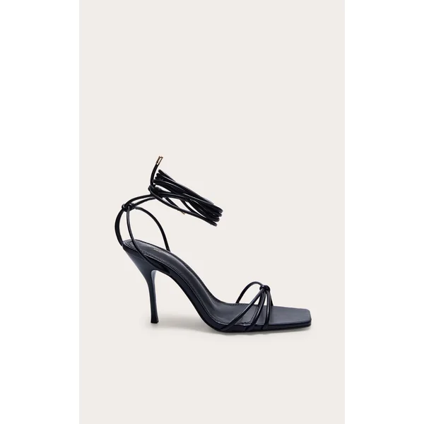 Wide Fit Black PU Square Toe Lace Up High Stiletto Heeled Sandals