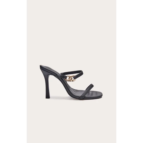 Wide Fit Black Pu Square Toe Linked Buckle Heeled Mules