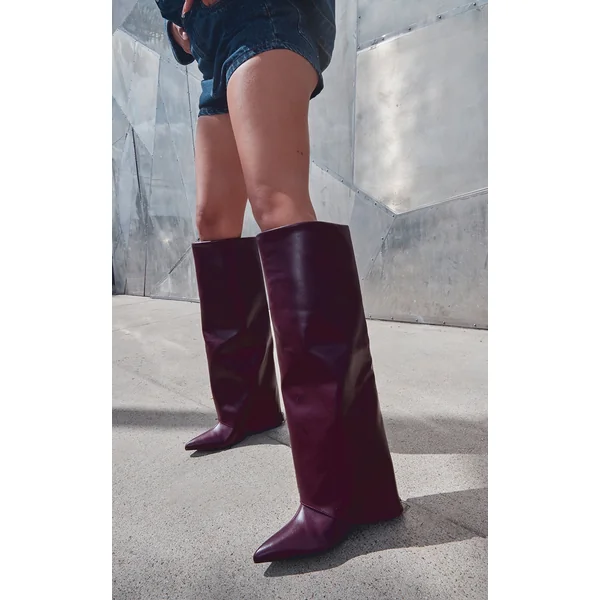 Wide Fit Burgundy PU Fold Over Zip Detail Point Toe Knee High Wedge Heeled Boots