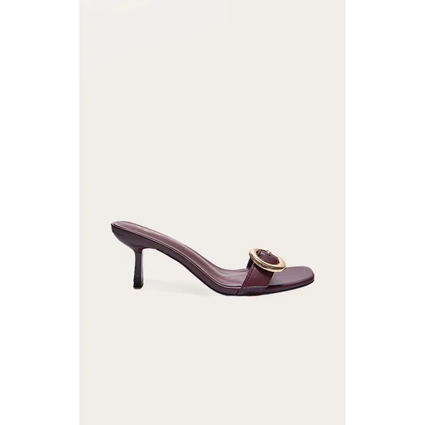 Wide Fit Burgundy Pu Square Toe Buckle Detail Low Heeled Mules