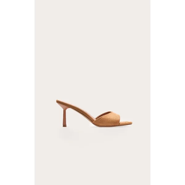 Wide Fit Camel Faux Suede Round Toe Mid Stiletto Heeled Mules