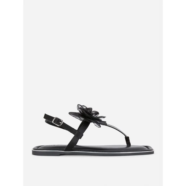 Wide Fit Flower Embellished Sandals - Black