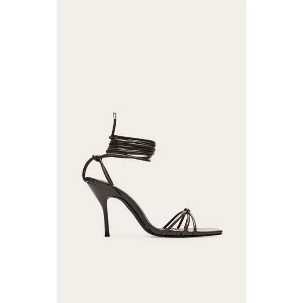 Wide Fit Olive PU Square Toe Lace Up High Stiletto Heeled Sandals