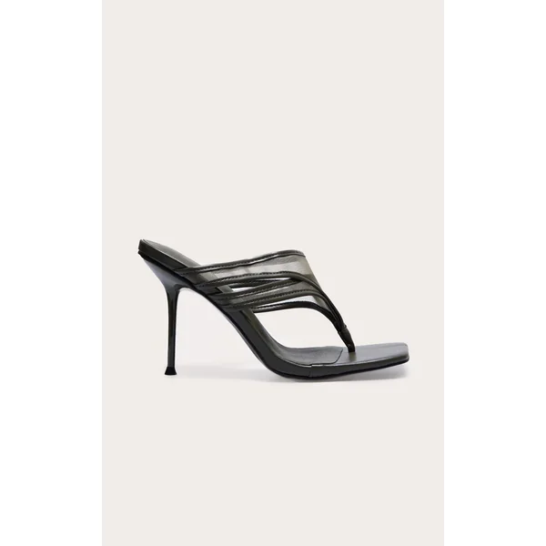 Wide Fit Olive Square Toe Double Mesh Thong Stiletto Heeled Mules