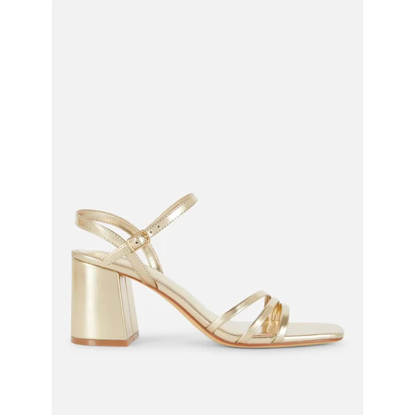 Wide Fit Strappy Block Heel Sandals - Gold
