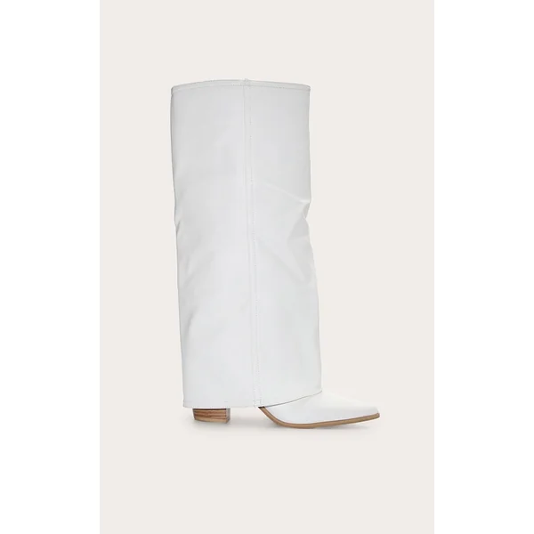 Wide Fit White Pu Fold Over Knee High Block Heel Western Boots