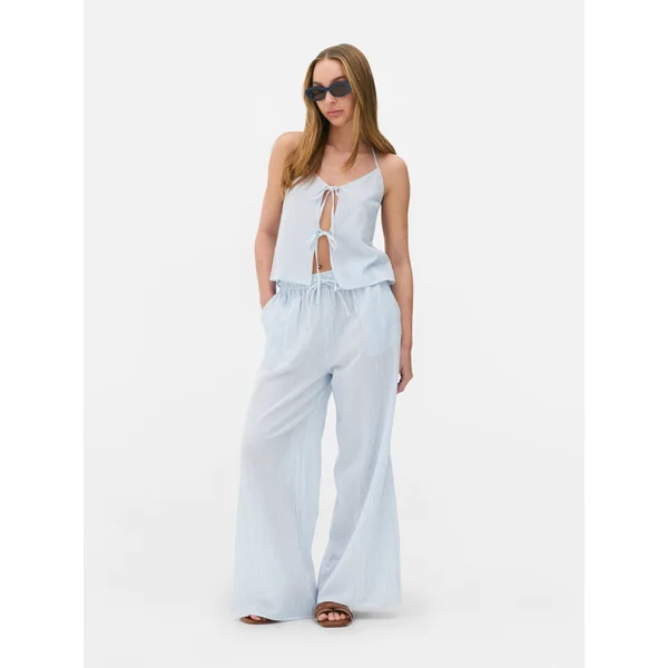 Wide Leg Drawstring Beach Pants - Blue