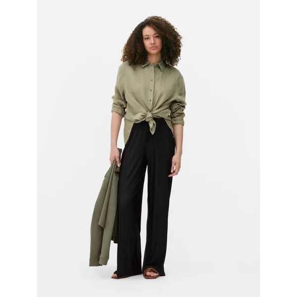 Wide Leg Plissé Pants - Black