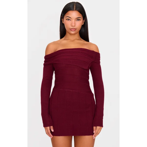 Wine Asymmetric Knitted Fold Over Mini Dress