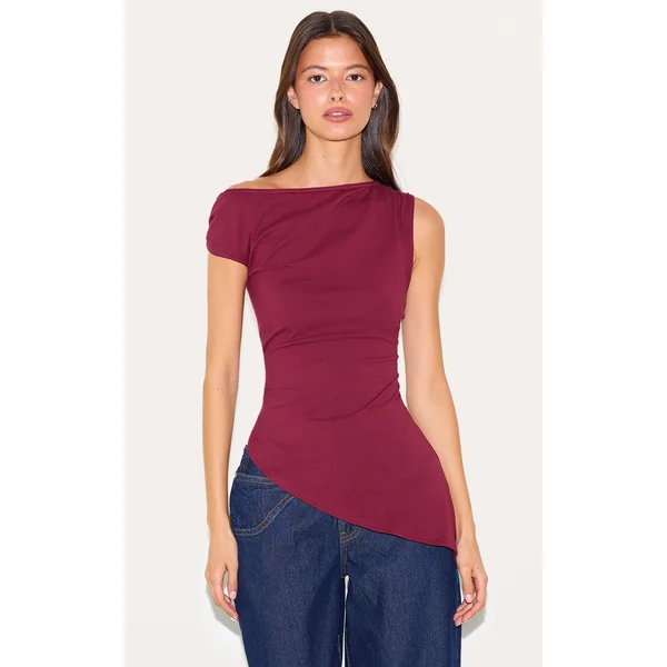 Wine Asymmetric Shoulder Extreme Longline Top