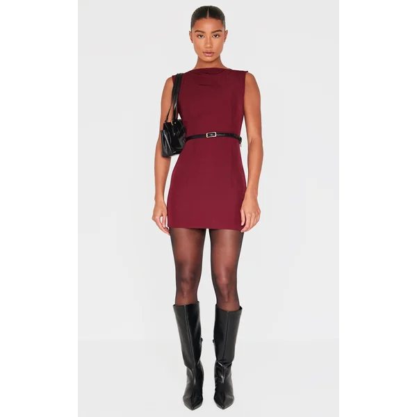 Wine Belted Boat Neck Mini Dress