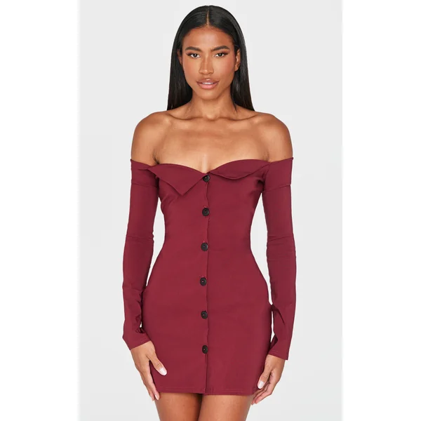 Wine Button Detail Bardot Bodycon Dress